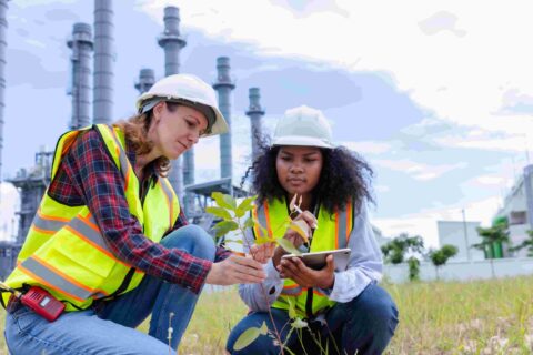 Two female environmental engineers in safety vests and hard hats conduct an emissions test on plant growth near an industrial facility, documenting findings on a tablet in a grassy field.