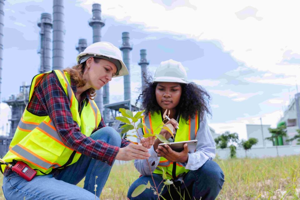 Two female environmental engineers in safety vests and hard hats conduct an emissions test on plant growth near an industrial facility, documenting findings on a tablet in a grassy field.
