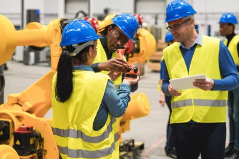 Workers wearing safety helmets and reflective vests participating in a health and safety training session inside an industrial facility, focusing on machinery operation and teamwork.