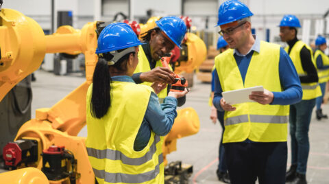Workers wearing safety helmets and reflective vests participating in a health and safety training session inside an industrial facility, focusing on machinery operation and teamwork.