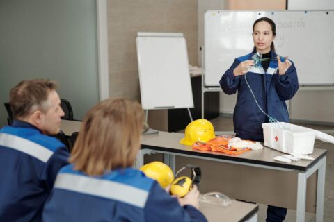 BOHS and OHTA training South Africa classroom session demonstrating occupational hygiene equipment and PPE use