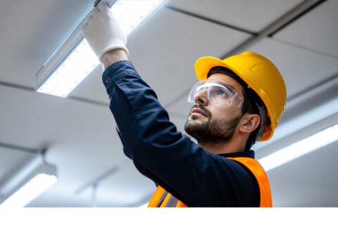 Workplace lighting inspection with technician adjusting overhead light fixture while wearing PPE in industrial environment