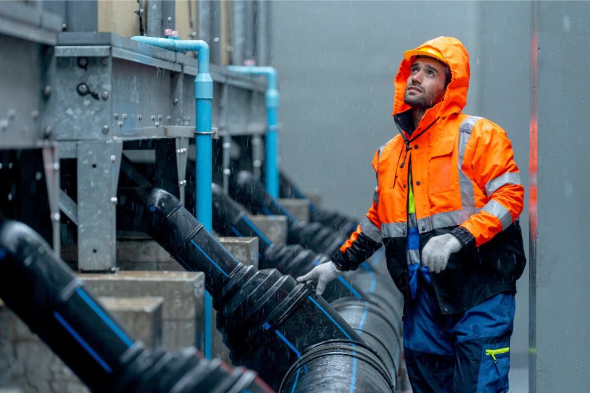 Cold stress exposure in industrial environment with worker inspecting pipes in wet and low-temperature conditions wearing protective PPE