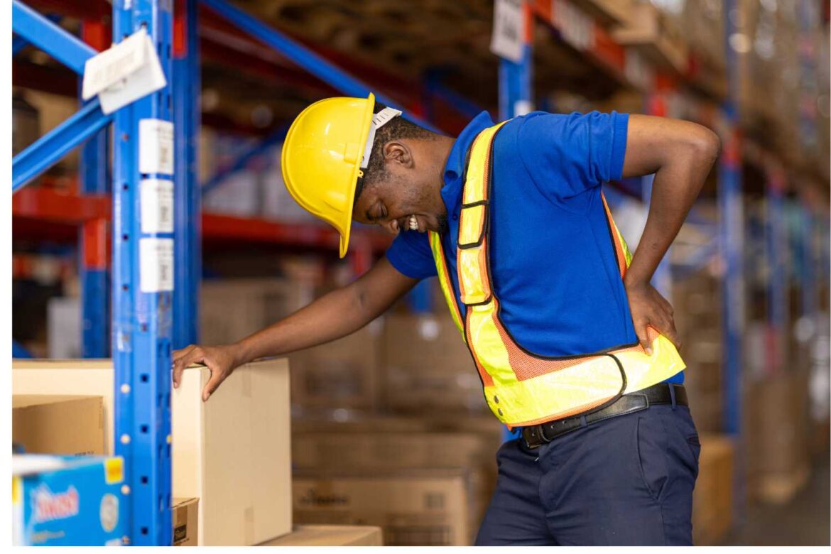 Ergonomic risk assessment of warehouse worker experiencing back strain while handling materials